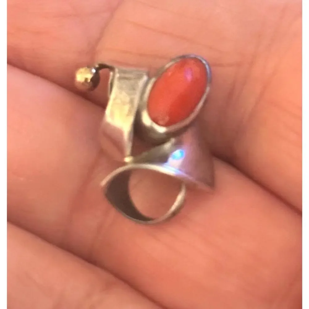 Vintage Sterling Silver Coral Ring & Pendant Set Modernist Jewelry